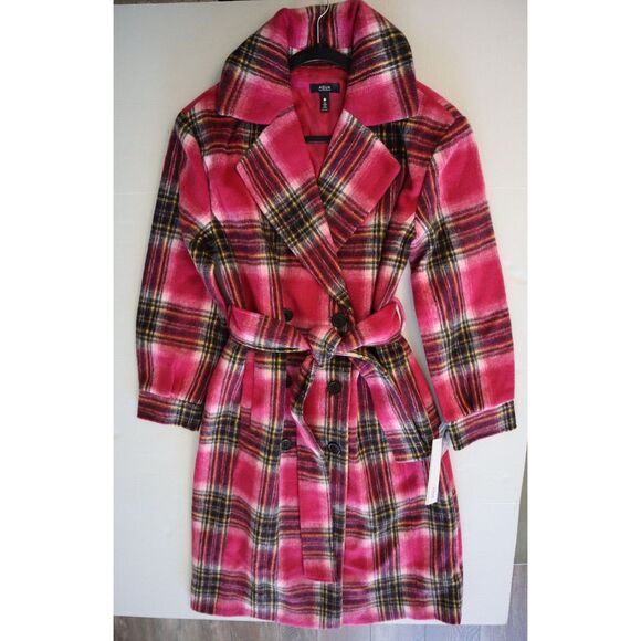 AQUA 81720 Women's Sz Medium Pink Plaid Duster Trench Coat - Picture 1 of 9